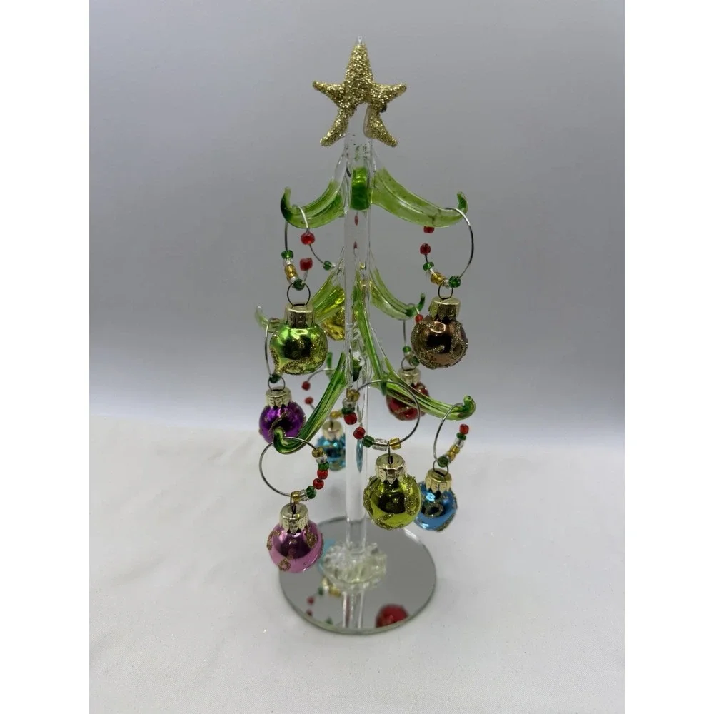 Gift Essentials Holiday Glass Tree with Beaded Glitter Ornament Wine Charms